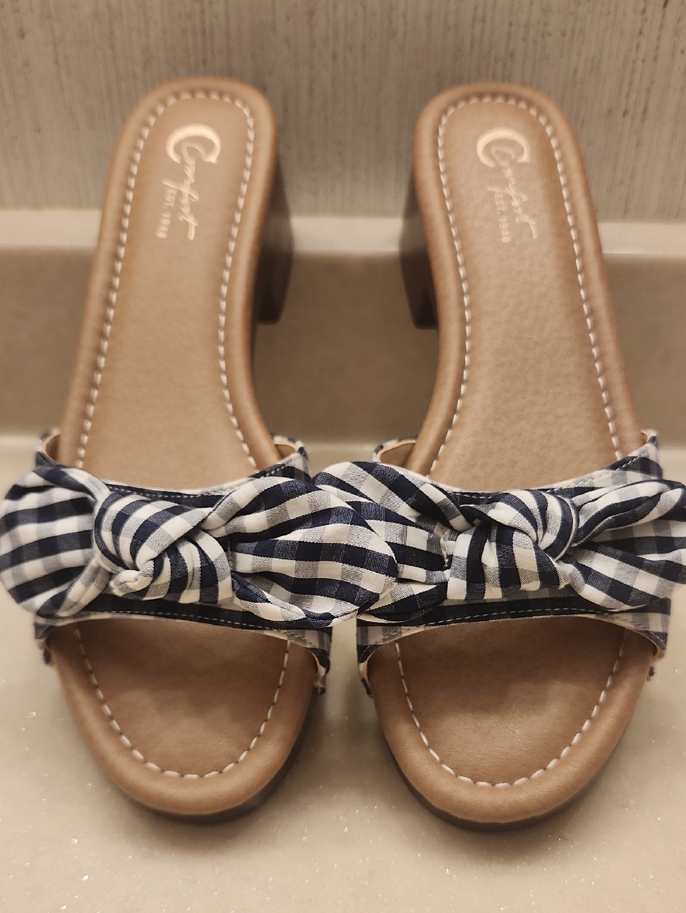 Navy & White Gingham Knot Slide Slip-On Mules Goldtone Beads 2" Low Block Heel